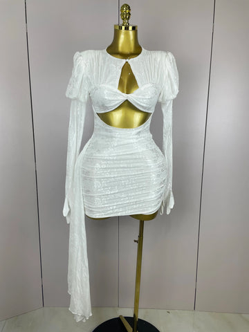 Women White Birthday Dress Fashion Long Sleeve O Neck Cut Out Bodycon Mini Trailing One Piece Celebrity Evening Club Dresses