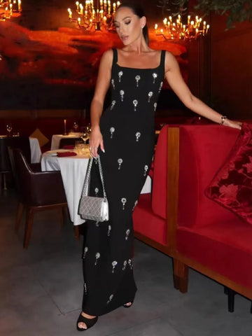 2025 Elegant Women Light Luxury Nail Bead Bandage Dress Camisole Square Neck Sleeveless Bodycon Long Dress Evening Party Vestido