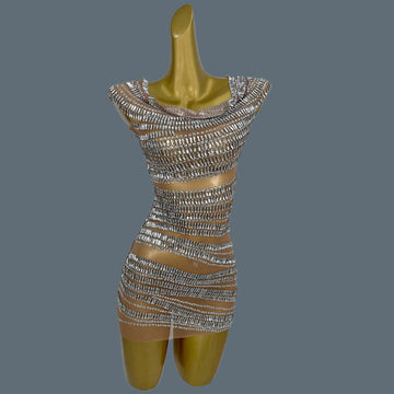 Women Sparkly Crystals Short Dress Sexy Mesh See Through Birthday Party Event Dress Show Stage Wear Performance Costume Yizijian