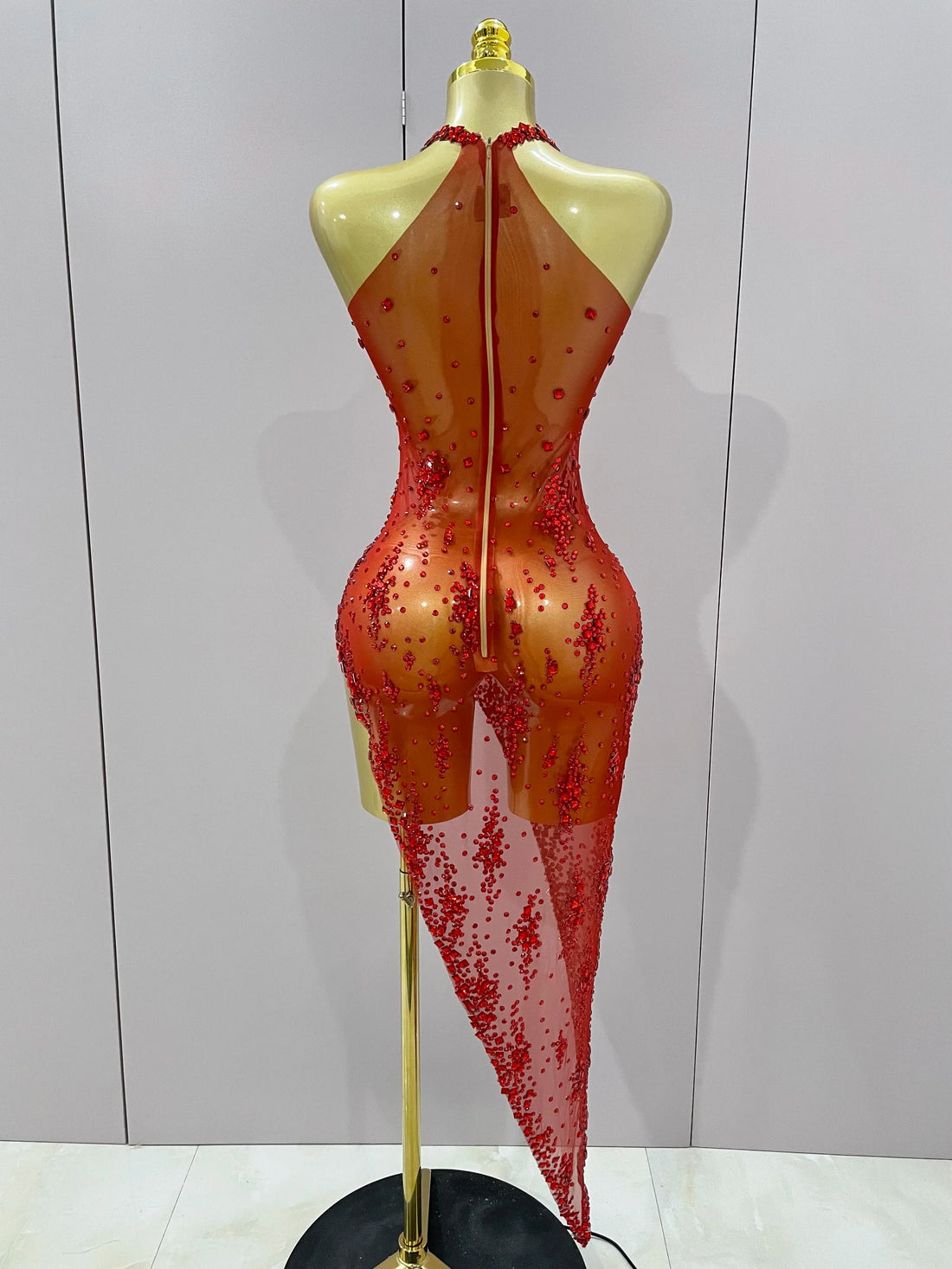 New Sparkly Rhinestone V Neck Stretch Mesh Sexy See Through Dress Women Elegant Party Celebrate Perform Costume Stage Outfi