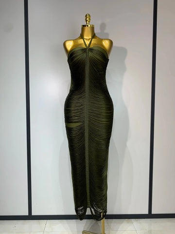 Women Sexy Celebrity Elegant Backless Halter Tassel Bodycon Bandage Dress Evening Party Luxury Birthday Wedding Guest Dress