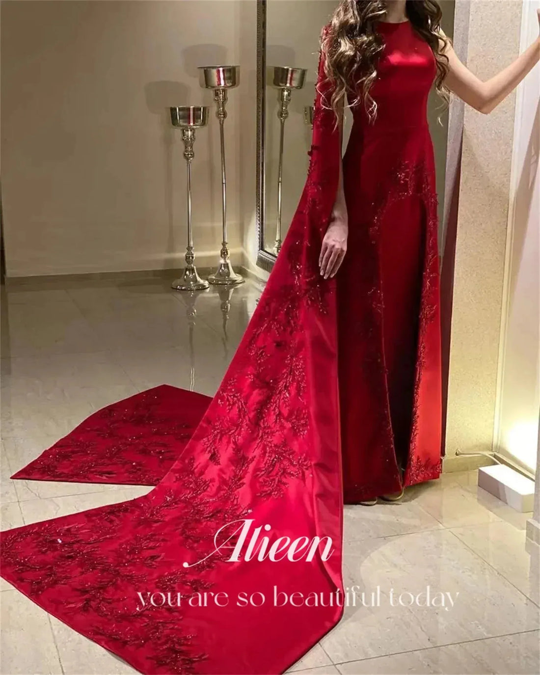 Red Long Shawl Beaded Dresses for Prom Women's Evening Dress Wedding Party Elegant Gowns Luxury Graduation Saudi