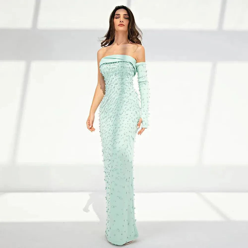 Luxury Dubai Pearls Mint Green Evening Dresses with Cape Sage Elegant Women Wedding Formal Party Gowns