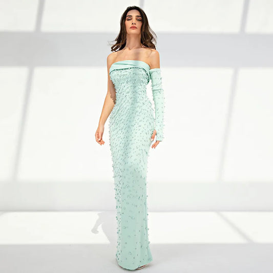 Vestidos de noche de lujo de color verde menta con perlas de Dubái y capa de salvia elegantes para mujer, vestidos de fiesta formales para bodas 