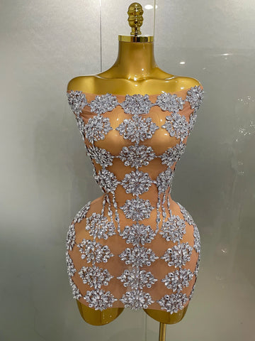 Luxury Sparkly Rhinestone Mesh Mini Dress Women Sexy Nightclub Party Dance Performance Costume Singer Dancer Show Stage Wear