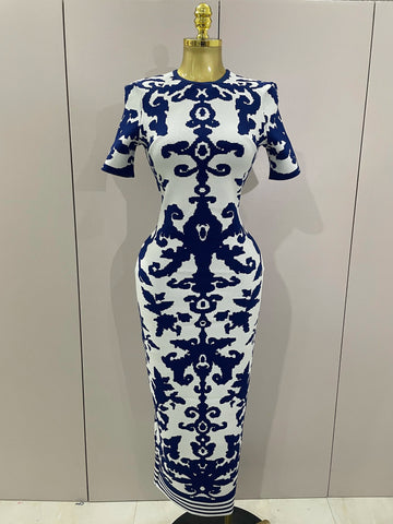 New Sexy Short Sleeve Jacquard Blue Bandage Bodycon Long Dress Women Celebrity Elegant Evening Club Party Luxury Dresses