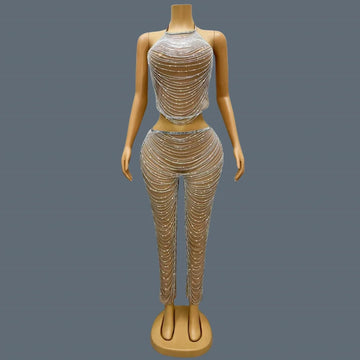 Sparkly Silver Rhinestone Crystals Crop Tops Long Pants 2Pieces Set Nightclub Event Party Stage Show High-quality Outfit Dudou