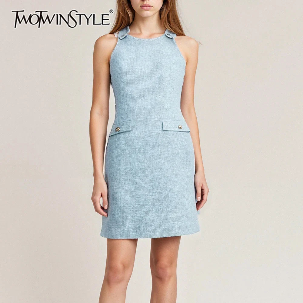 Solid Slimming Spliced Button Dresses for Women Round Neck Sleevless Temperament Mini Dress Female Fashion Clothing