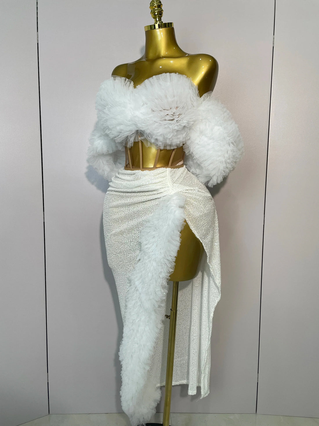 Women White Sequins Top Short Skirt Two Pieces Set Sexy Celebrate Evening Prom Birthday Dress Nightclub Stage Outfit