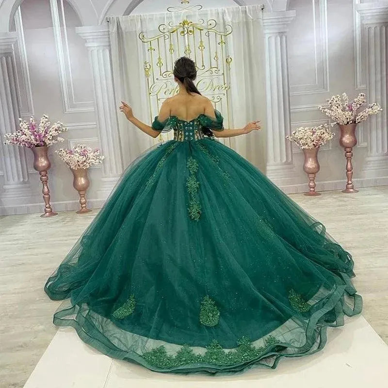 Quince Dress | Green Glittering Luxury Crystal Quinceanera Dresses Off Shoulder Birthday Party Ball Gown Vestidos de 15 años