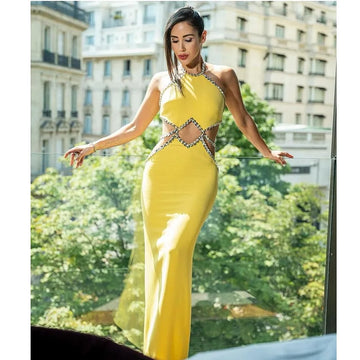 STOCK Lemon Yellow Sexy Hollow Out Sparkling Diamonds Ankle Length Bandage Dress Elegant Woman Evening Party Outfit
