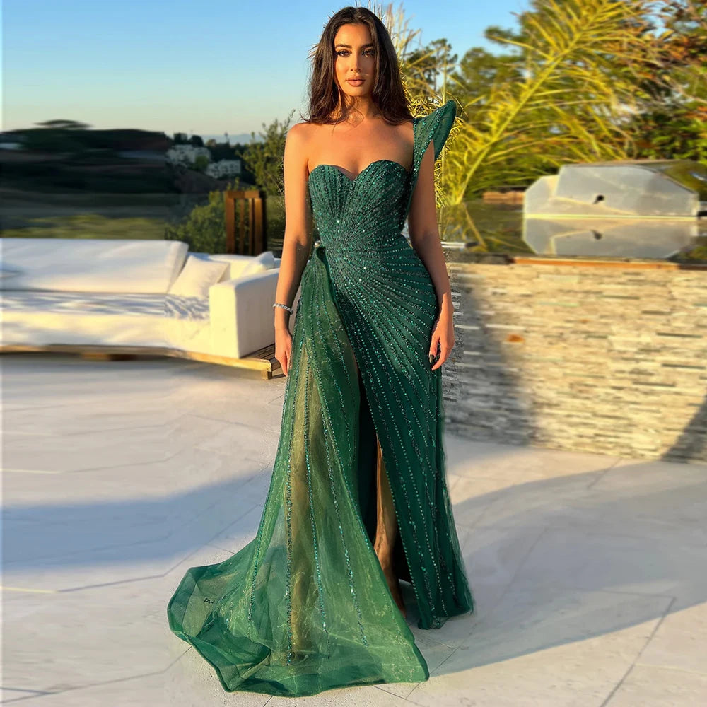 Emerald Green One Shoulder Mermaid Evening Dresses for Women Wedding Party High Slit Long Prom Formal Gowns