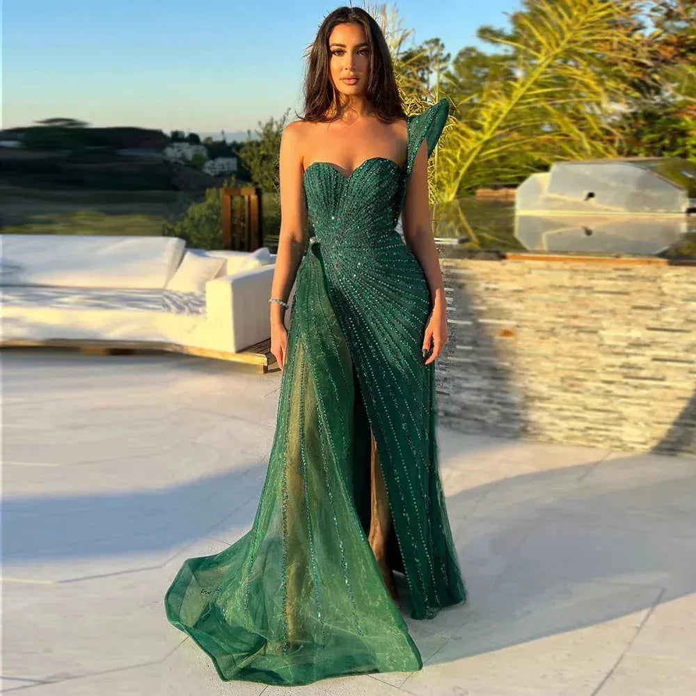 Emerald Green One Shoulder Mermaid Evening Dresses for Women Wedding Party High Slit Long Prom Formal Gowns Evening Dress