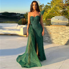 Vestidos de noche de sirena de un solo hombro de color verde esmeralda para mujer, vestidos formales largos con abertura alta para fiesta de bodas y bailes de graduación 