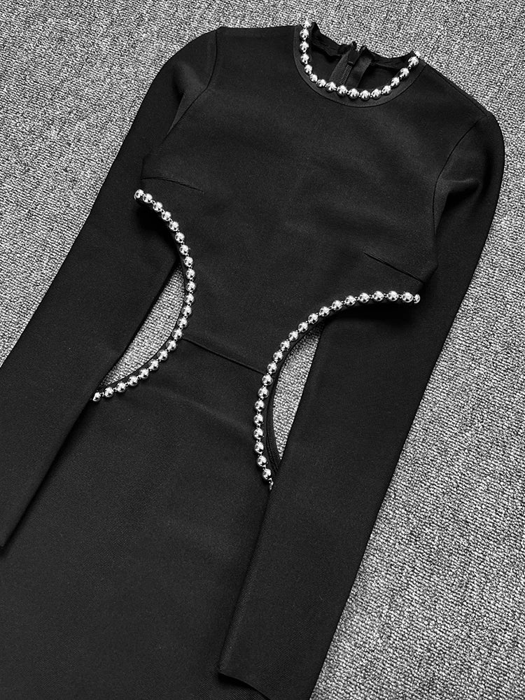 VC 2022 Winter Black Dress Women Sexy Hollow Out High Slit Fashion Party Wear Bandage Dress With Long Sleeve