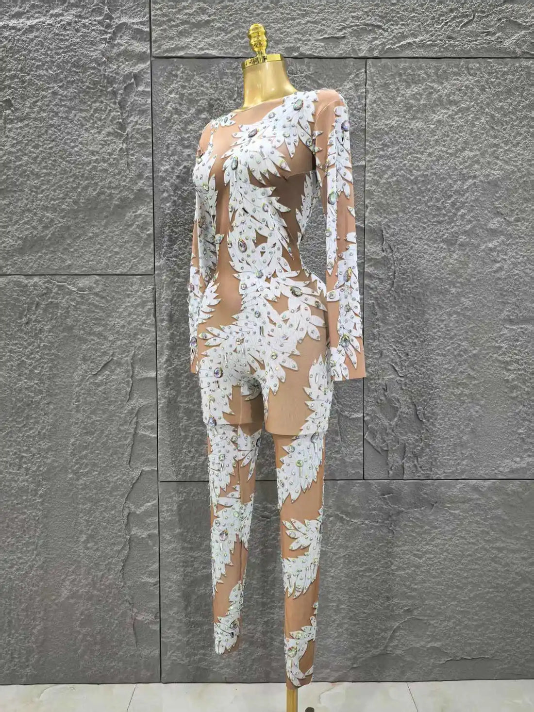 Wholesale Women Sexy Long Sleeve Shinning Rhinestones Bodycon Jumpsuit Celebrate Nightclub Party Performance Costume Stage Wear