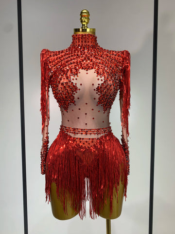 Women Sexy Elasticity Performance Dance Nightclub Rompers Singer Stage Outfit Sparkly Rhinestone Tassels Bodysuit Birthday Wear