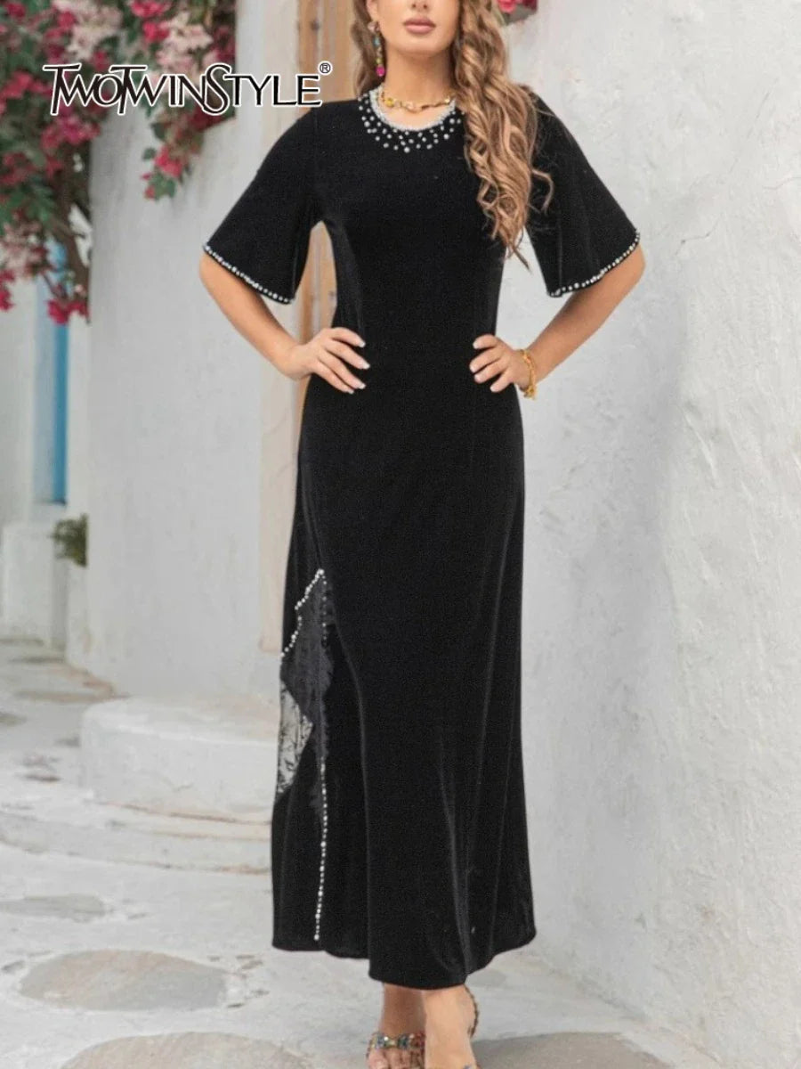 Slimming Split Spliced Bead Elegant Dresses for Women Round Neck Half Sleeves Patchwork Lace Dress Female Clothing