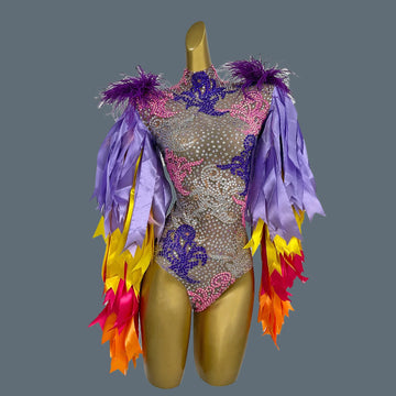 Fashion Stage Wear Ribbon Strip Feather Rhinestone Bodysuit Women Nightclub Bar Party Outfit Performance Dance Costume Caidai