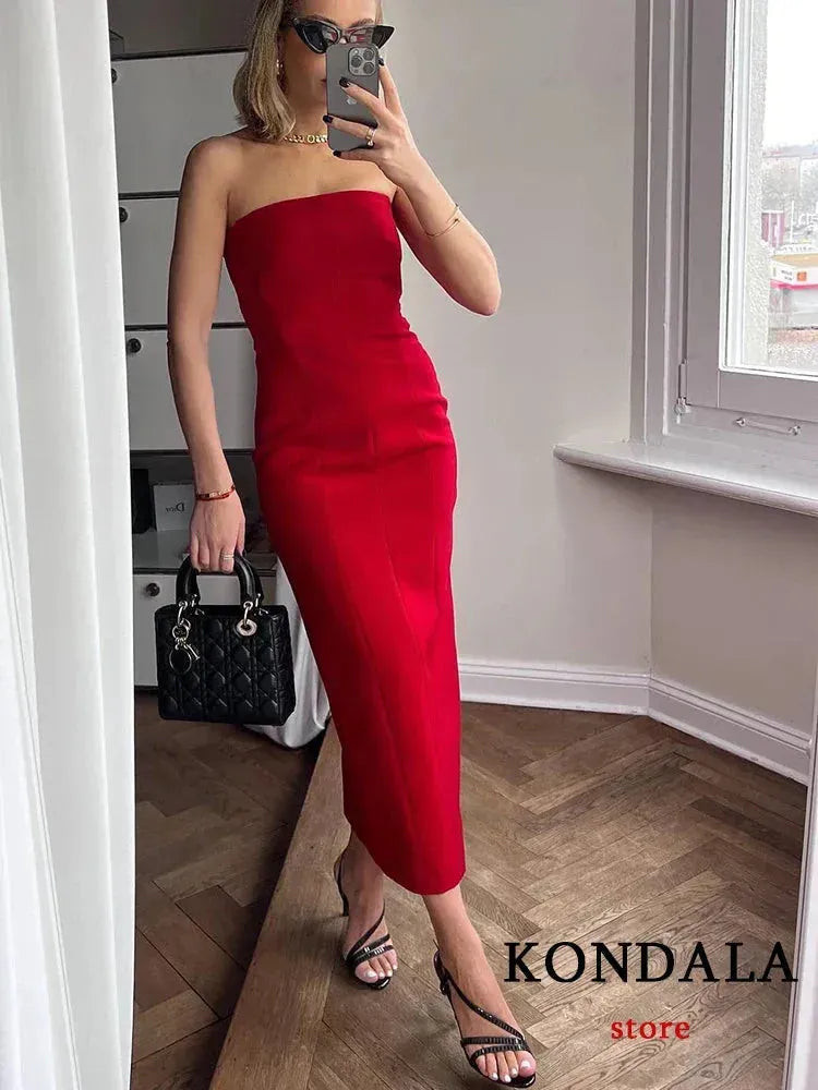 KONDALA Sexy Chic Red Party Long Dress Women Strapless Pleated Back Split Summer Dress Fashion Elegant Corset Women Dress