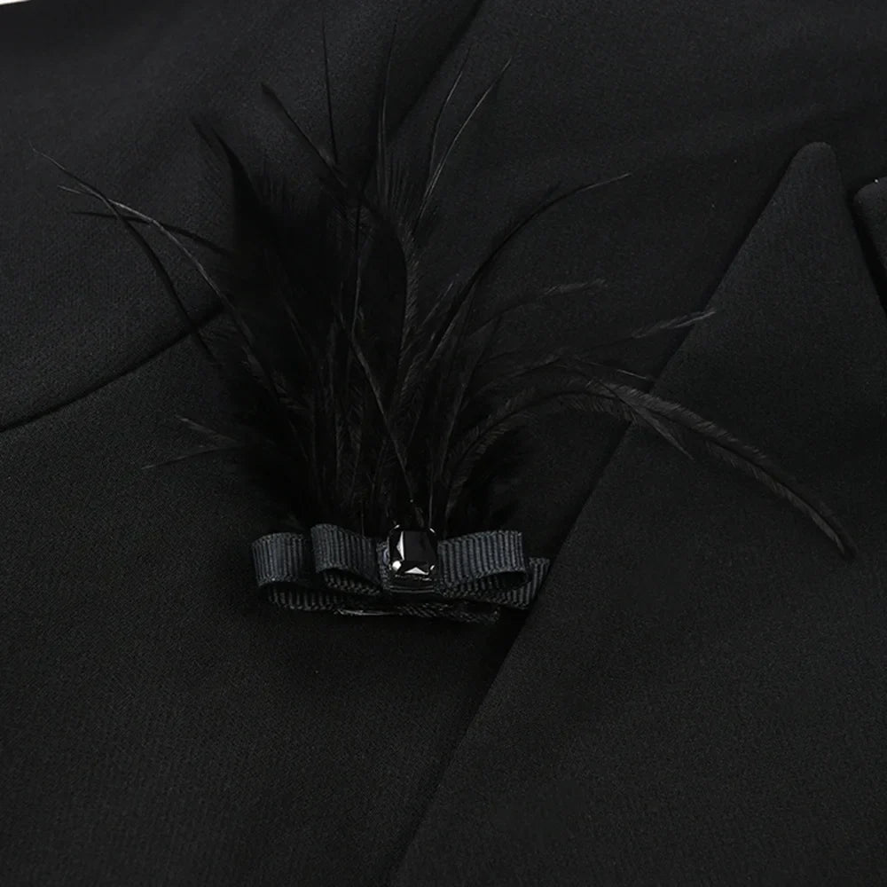 Solid Slimming Spliced Bead Feather Blazers for Women Lapel Long Sleeves Patchwork Button Blazer Female Fashion New