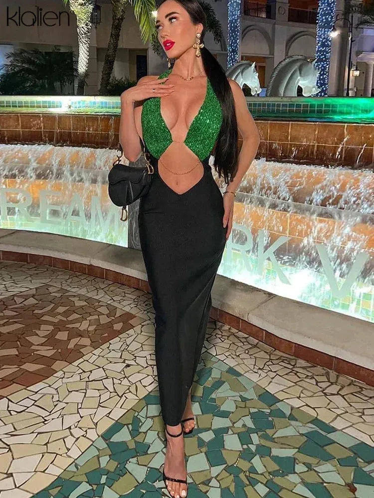 KLALIEN Sexy Nigh Party Dress Women Elegant Low Chest Deep V-Neck Hollow Out Backless Long Dress Female Streetwear New 2022