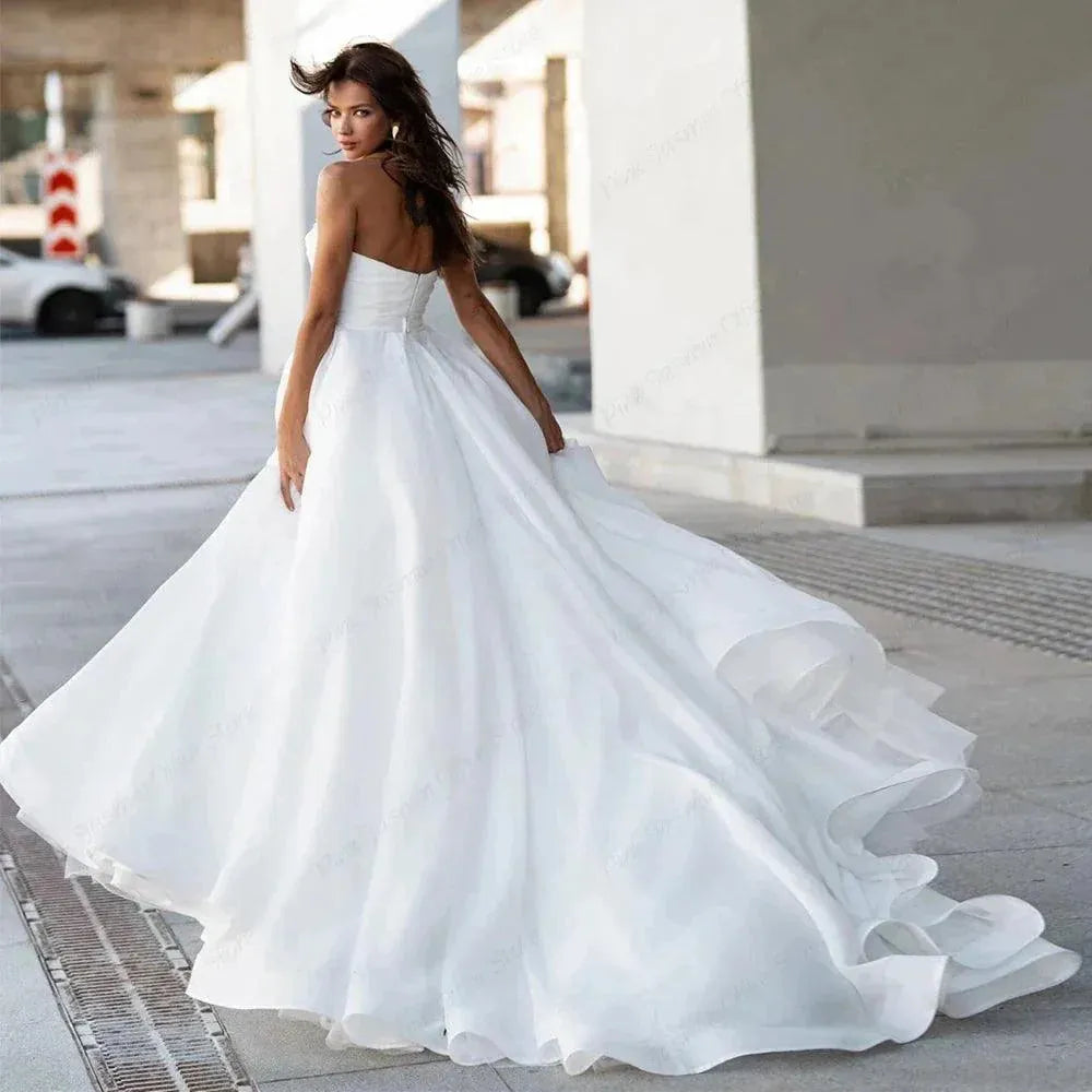 Charming Strapless White Chiffon Wedding Dresses with Beading Simple Sleeveless Bridal Gowns for Marriage Vestidos De Novia 26W