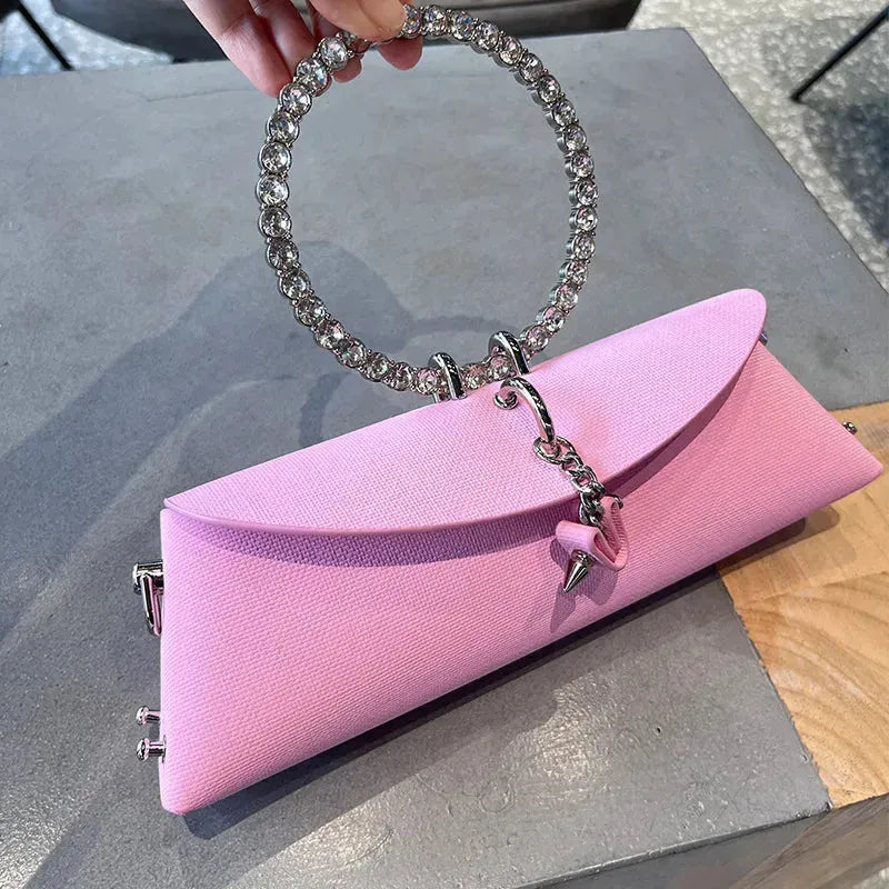 JIOMAY Clutch Bag Luxury Designer Handbag for Women with Chain Metal Ring Handle PU Leather Rhinestones Purses Shoulder Bag