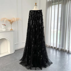 Luxury 3D Flowers Black Satin Arabic Evening Dress with Cape Elegant Mermaid Long Women Formal Party Gowns