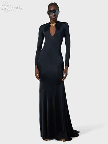 VC Sophisticated Long Sleeved Black Maxi Dress with Cut-Out and Open Back for Gala Affairs Evening Gown