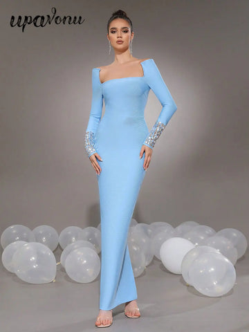 2025 New Women'S Elegant Bandage Dresses Square Neck Long Sleeved Nail Bead Design Bodycon Long Dress Evening Party Vestidos