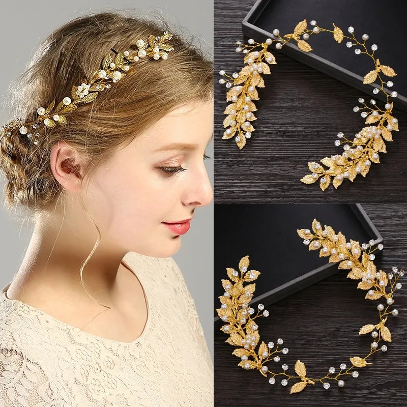 Gold Color Crystal Pearl Leaf Headband Tiara For Women Bride Party Bridal Wedding Hair Accessories Jewelry Vine Band Hairband