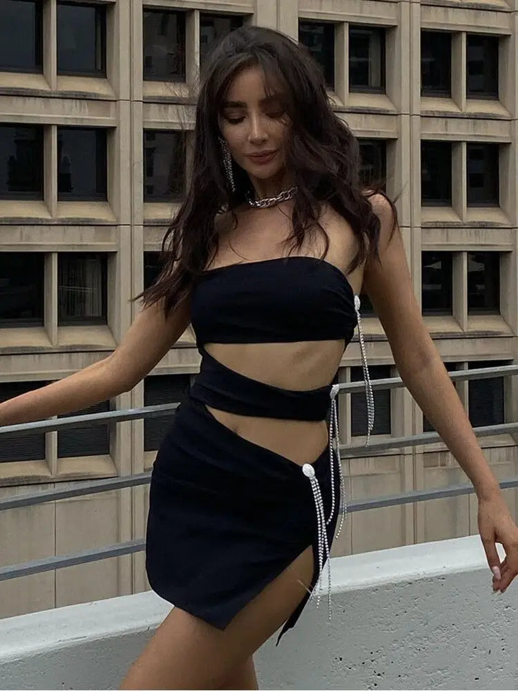 STOCK Hot Sexy Hollow Out Shining Diamonds Long Tassel Strapless Sleeveless Split Mini Dress Hotsweet Lady  Summer Party Vestido