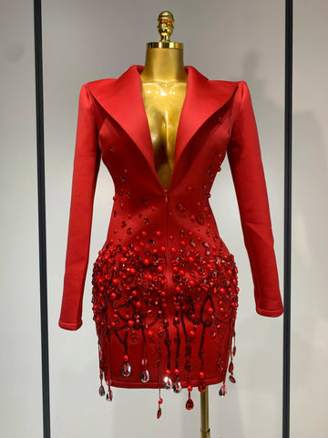 Luxury Rhinestone Deep V-Neck Slim Fit Red Suit Dress 2025 New Fashion Celebirty Elegant Evening Club Party Dresses