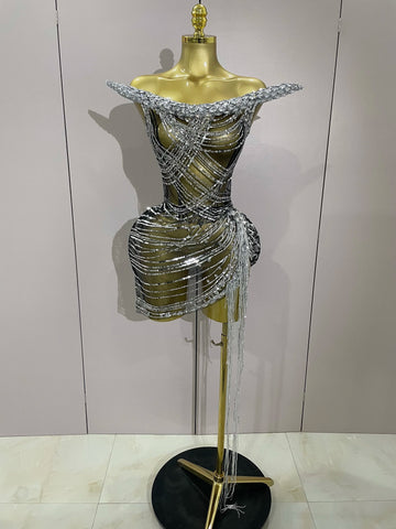 Stock Sexy Shinning Diamond Tassels Chain Strapless Tops Skirt 2 PCS Women Evening Party Celebrate Nightclub Performance Costume