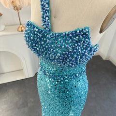 Luxury Dubai Turquoise Blue Mermaid Evening Dresses for Women Wedding One Shoulder Arabic Formal Party Gowns SS336