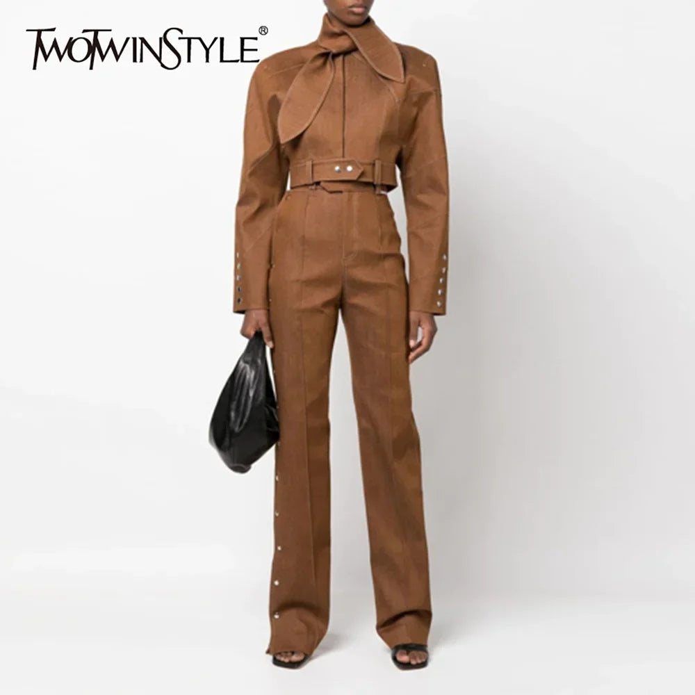 Fashion Two Piece Set for Women Stand Neck Long Sleeve Spliced Button Coat High Waist Pants Female Temperament New