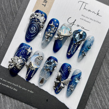 10Pcs Handmade Press on Nails Simple And Elegant Royal Blue Depth Gentle And Graceful Stick-on Nail Art Retro