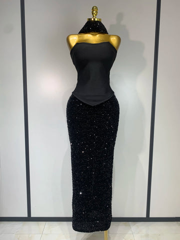 Women Sexy Strapless Sequin Black Maxi Long Bandage Three Piece Set 2025 Knitted Elegant Evening Club Party Birthday Prom Gowns