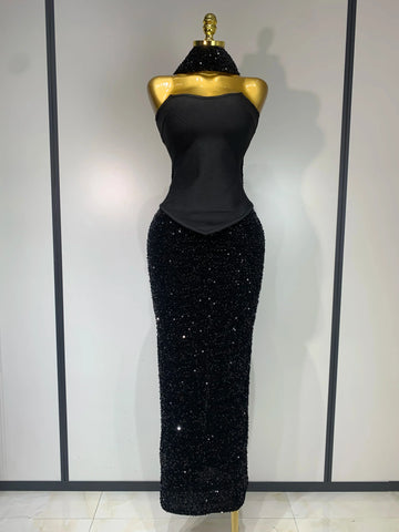 Women Sexy Strapless Sequin Black Maxi Long Bandage Three Piece Set  Knitted Elegant Evening Club Party Birthday Prom Gowns