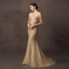 Luxury Dubai Champagne Gold Mermaid Evening Dress with Detachable Overskirt Off Shoulder Arabic Wedding Party