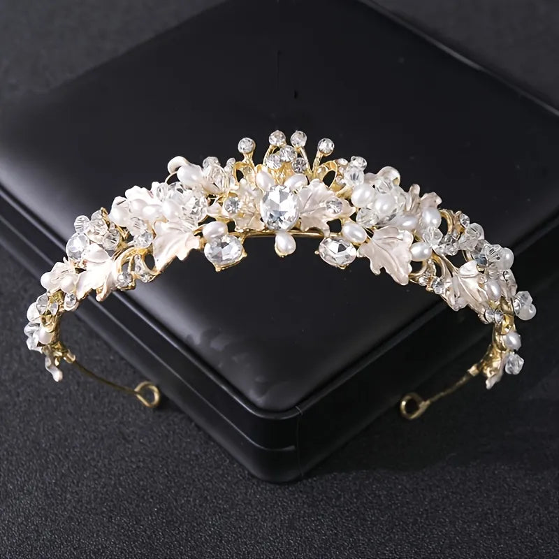 Silver Color Pearl Crystal Crown Headband Flower Rhinestone Gold Tiara Diadem Party Women Bride Wedding Hair Accessories Jewelry