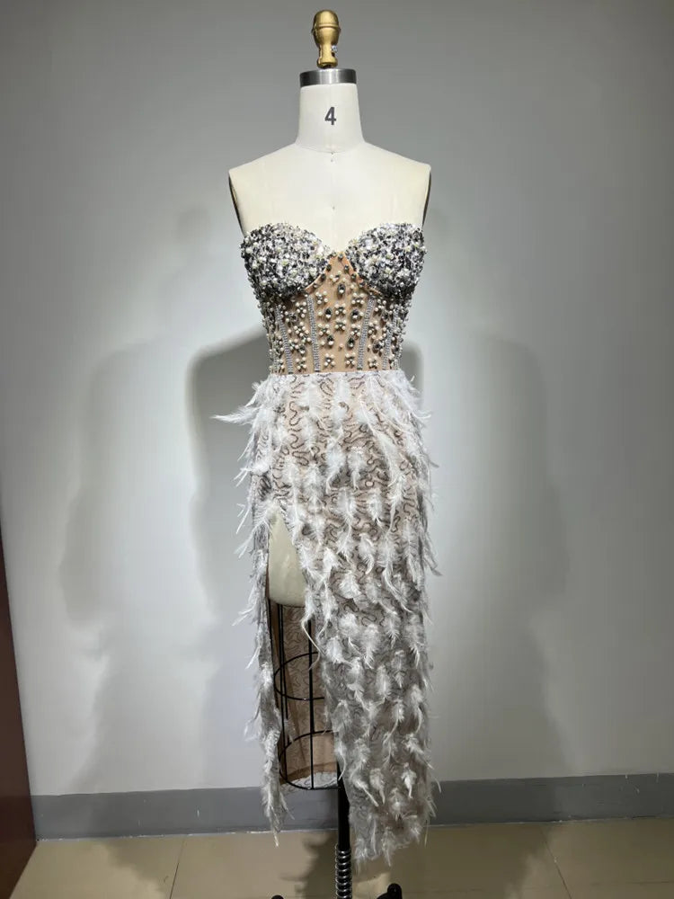 Women Summer Sexy Strapless Backless Sequins Feather Pearl Beading Ankle Length Dress 2023 Elegant Evening Party Dress