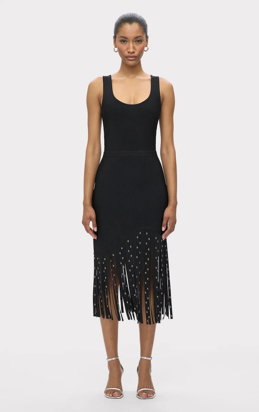 Women Sleeveless Sexy O-Neck Shinning Crystal Tassel Bodycon Mid-calf Dress Fashion Celebrate Evening Party Outfit