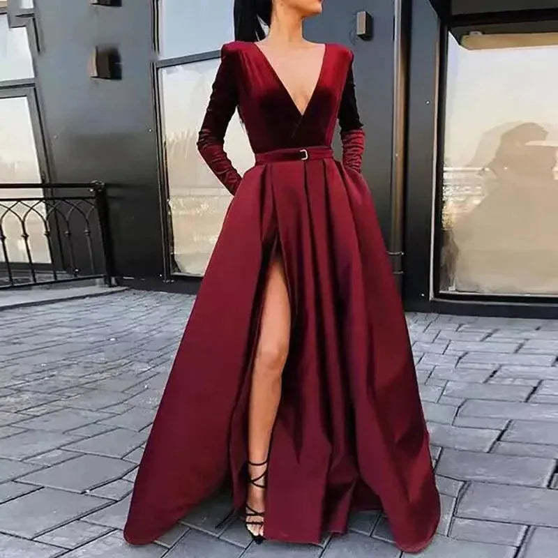 Customized Gorgeous V-Neck Evening Dresses Long Sleeve Satin Side Slit Prom Dress High Waist Evening Gown Party Robe de soiree