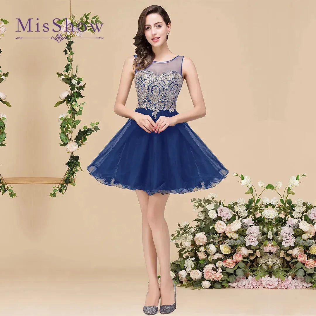 Gold Appqulies Navy Blue Bridesmaid Dresses Women Short Prom Dress Illusion Evening Party Special Occasion Royal Blue