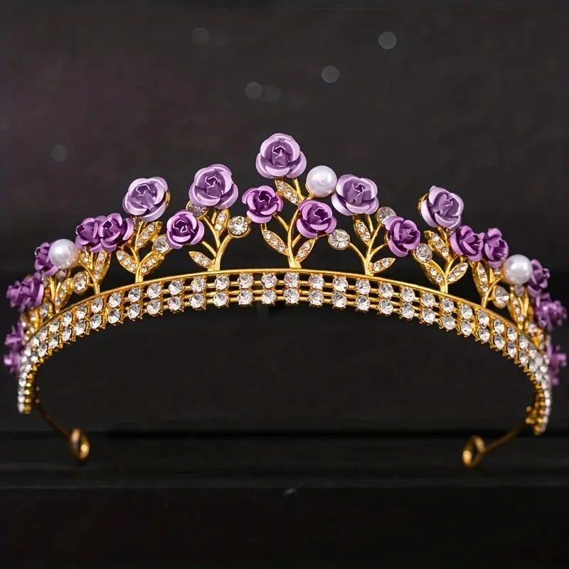 Crystal Pearl Rose Crown Tiara For Women Bride Rhinestone Prom Diadem Bridal Wedding Hair Accessories Jewelry Tiaras And Crowns Red