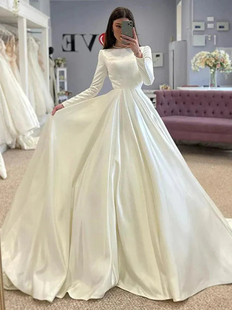 Princess Wedding Dresses A Line Boat Neck Bridal Gowns Long Sleeve Elegant Satin Wedding Party Gowns With Romantic Buttons Satin