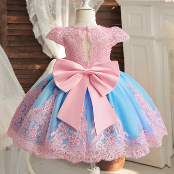 Summer Baby Girls Birthday Embroidery Floral Bow Dress Flower Girl Princess Evening Wedding Formal Gown Kids Party Gala Dresses