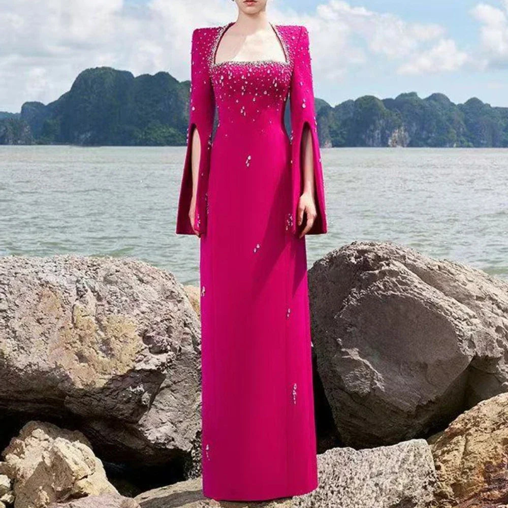 Solid Slimming Spliced Bead Luxurious Dresses for Women Square Neck Long Sleeves Patchwork Split Dress Femlae New